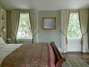Bedroom curtains with leading edge border and tie backs