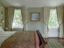 Bedroom curtains with leading edge border and tie backs